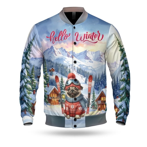 Hello Welcome Winter The Ski Pug Snowy Day All Over Print 3D Baseball Jacket Dog Lover Gifts Bomber Jacket Softball - 13013
