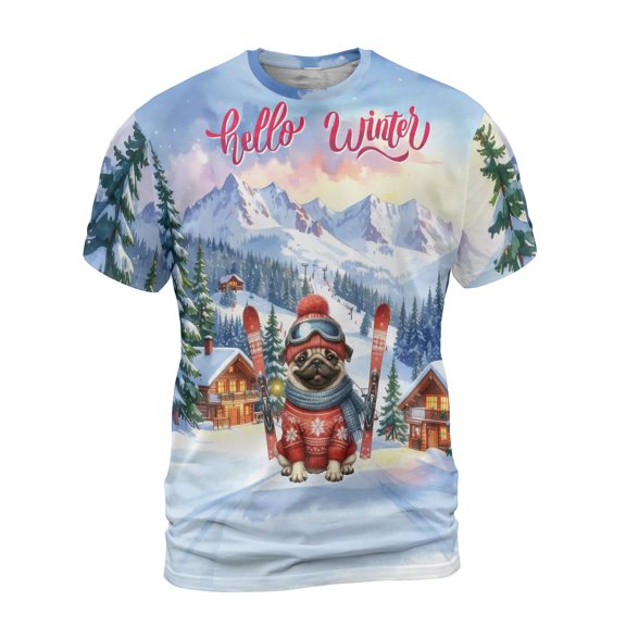 Hello Welcome Winter The Ski Pug Snowy Day All Over Print 3D Shirt Unisex Merch Dog Lover Gifts - 13013