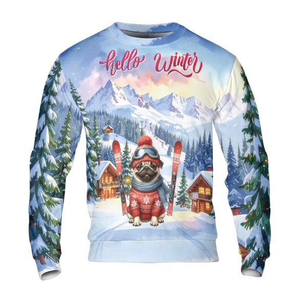 Hello Welcome Winter The Ski Pug Snowy Day All Over Print 3D Sweatshirt Unisex Merch Dog Lover Gifts - 13013