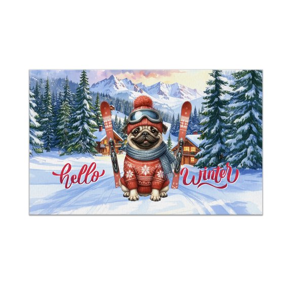 Hello Welcome Winter The Ski Pug Snowy Day Doormat Dog Lover Gifts Indoor Outdoor Welcome Mat - 13013