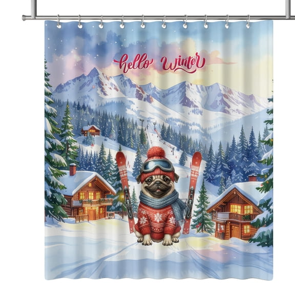 Hello Welcome Winter The Ski Pug Snowy Day Shower Curtain Dog Lover Gifts Waterproof Bathroom Bathtub Curtain - 13013