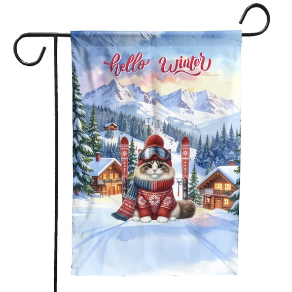 Hello Welcome Winter The Ski Ragdoll Snowy Day Garden Flag 12x18in Double Sided Cat Lover Kitten Owner Gifts Idea Outdoor Decor - 13013
