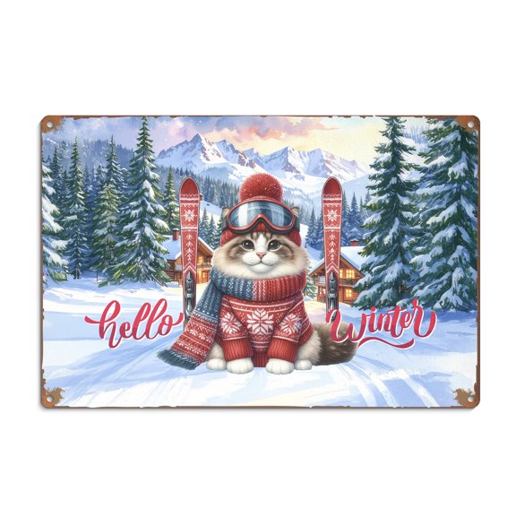 Hello Welcome Winter The Ski Ragdoll Snowy Day Horizontal Metal Aluminum Sign Cat Lover Kitten Owner Gifts Idea Wall Art Home Decor - 13013