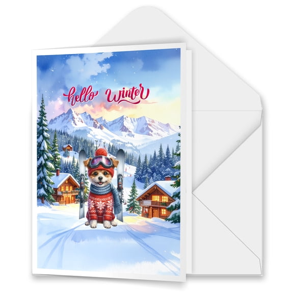 Hello Welcome Winter The Ski Toy Fox Terrier Snowy Day 5x7in Folded Greeting Card Dog Lover Single Note Card with Envelope - 13013