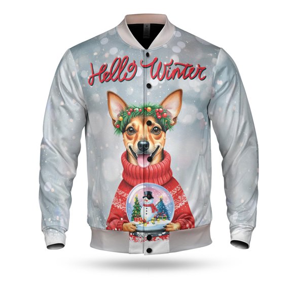 Hello Welcome Winter Toy Fox Terrier Holding Snow Globe Snowman All Over Print 3D Baseball Jacket Dog Lover Bomber Jacket Softball - 13015