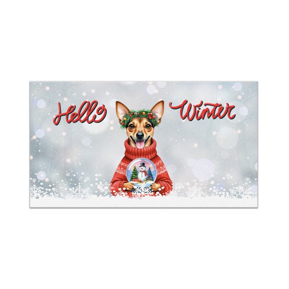 Hello Welcome Winter Toy Fox Terrier Holding Snow Globe Snowman Doormat Dog Lover Indoor Outdoor Welcome Mat - 13015