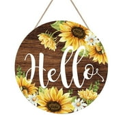 Hello Welcome Wood Wall Hanging Sign, Colourful Sunflower Wooden Front Door Decor (12''x12''), Round Antique Wood Rustic Porch Decoration for Home Office Garden Farmhouse