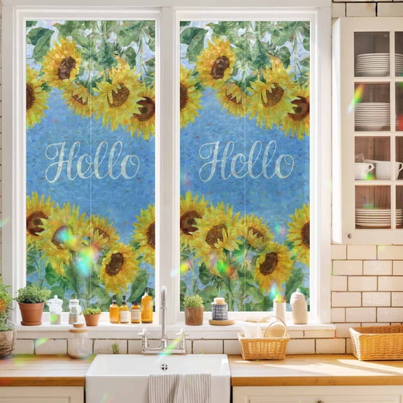 Hello Window Privacy Film Summer Watercolor Sunflower Farmhouse Gradient Blue Static Cling Stained Glass Window Film Non-Adhesive Decorative Decals Rainbow Sticker 19.6"X39.3"