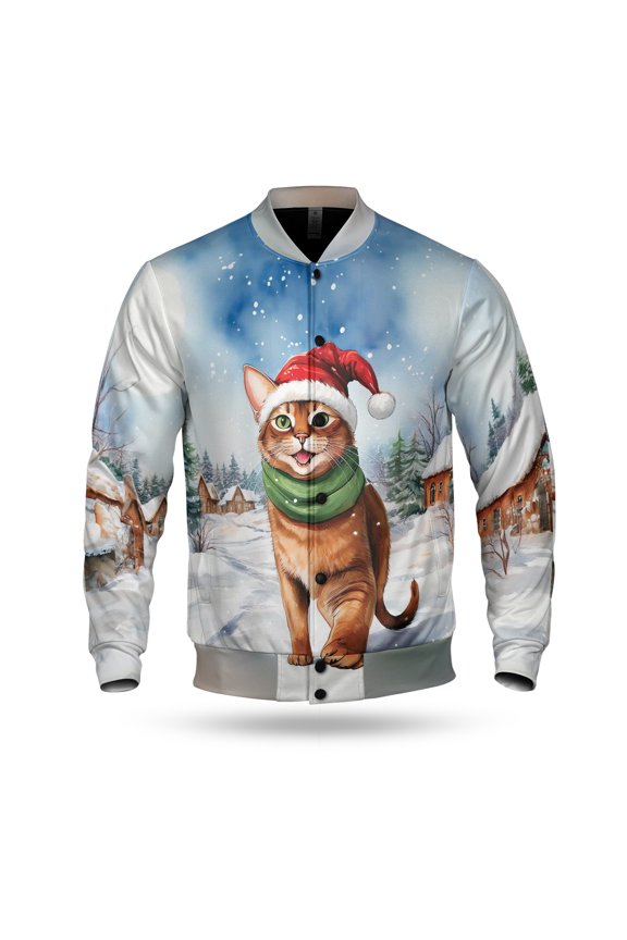 Hello Winter Abyssinian Frosty Morning Walk Welcome Snowy Christmas All Over Print 3D Baseball Jacket Cat Lover Kitten Owner Gifts Bomber Jacket Softball - 02018