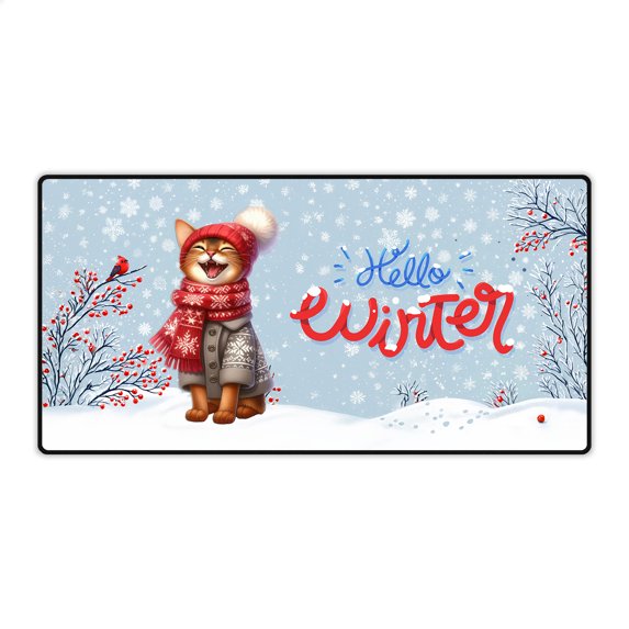Hello Winter Abyssinian Smiling in Red Scarf Hat Welcome Christmas Desk Mat Full Keyboard Mouse Pad Cat Lover Kitten Owner Gifts Large Mousepad - 00017