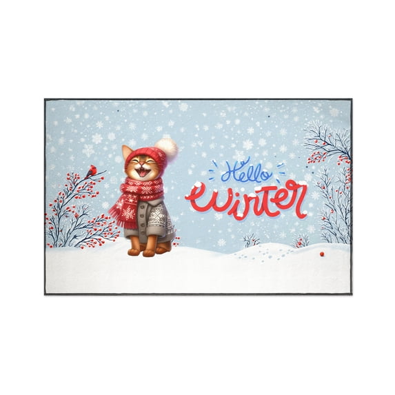 Hello Winter Abyssinian Smiling in Red Scarf Hat Welcome Christmas Indoor Rug Cat Lover Kitten Owner Gifts Carpet Living Bed Room Sofa Home Decor - 00017