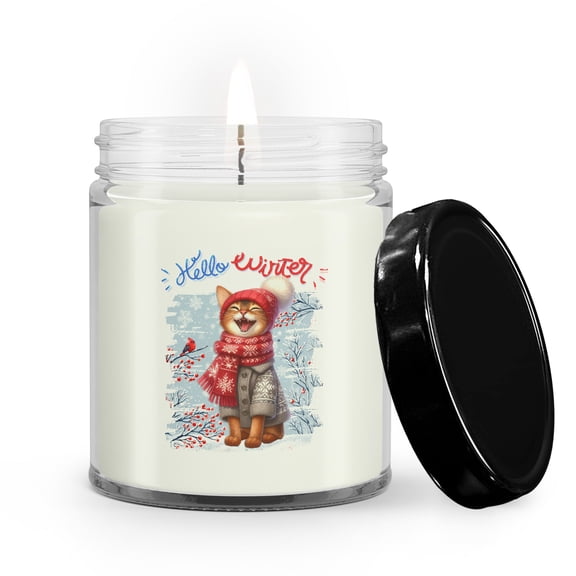 Hello Winter Abyssinian Smiling in Red Scarf Hat Welcome Christmas Soy Wax Candle Cat Lover Kitten Owner Gifts 9oz White Birch & Black Pepper Candle - 00017