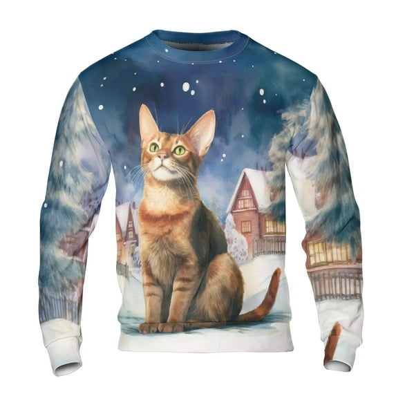 Hello Winter Abyssinian Welcome Snowy Night Watercolor Vintage All Over Print 3D Sweatshirt Unisex Merch Cat Lover Kitten Owner Gifts - 01011