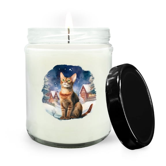 Hello Winter Abyssinian Welcome Snowy Night Watercolor Vintage Soy Wax Candle Cat Lover Kitten Owner Gifts 16oz White Vanilla Candle - 01011
