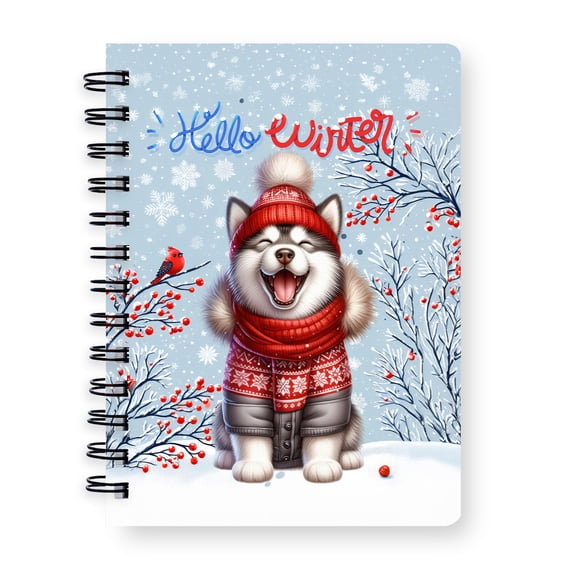 Hello Winter Alaskan Malamute Smiling in Red Scarf Hat Welcome Christmas Spiral Bound Journal Alaska Mal Dog Lovers Gifts 5x7in Spiral Notebook - 00017