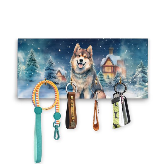 Hello Winter Alaskan Malamute Welcome Snowy Night Watercolor Vintage Wood Key Holder Alaska Mal Dog Lovers Gifts Wall-mounted Key Rack Home Decor - 01011