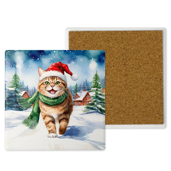 Hello Winter American Shorthair Frosty Morning Walk Welcome Snowy Christmas Set of 4 Stone Coasters Cat Lover Kitten Owner Gifts 4x4in Absorbent Soapstone Coaster - 02018