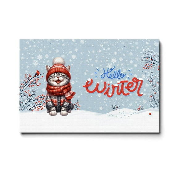 Hello Winter American Shorthair Smiling in Red Scarf Hat Welcome Christmas Horizontal Matte Canvas Poster Cat Lover Kitten Owner Gifts Wall Art Home Decor - 00017