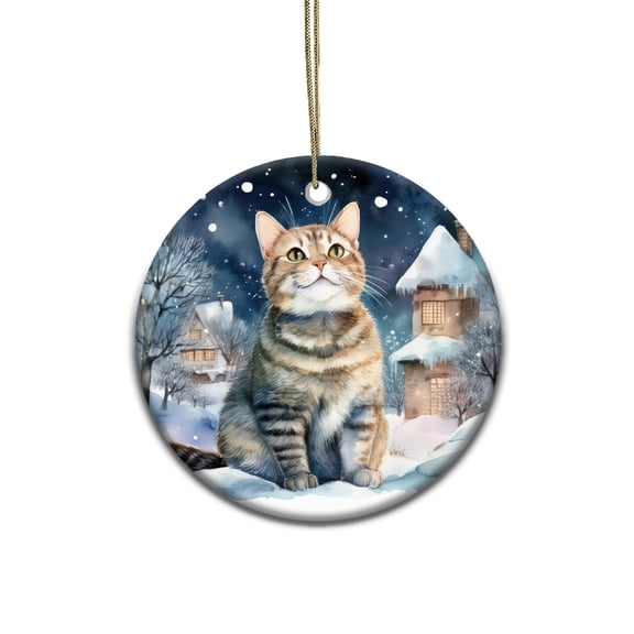 Hello Winter American Shorthair Welcome Snowy Night Watercolor Vintage Ceramic Round Ornament Cat Lover Kitten Owner Gifts Home Tree Decor - 01011