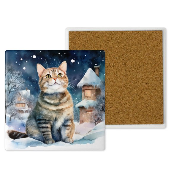 Hello Winter American Shorthair Welcome Snowy Night Watercolor Vintage Set of 4 Stone Coasters Cat Lover Kitten Owner Gifts 4x4in Absorbent Soapstone Coaster - 01011