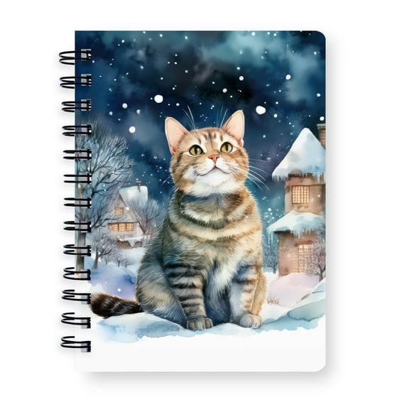 Hello Winter American Shorthair Welcome Snowy Night Watercolor Vintage Spiral Bound Journal Cat Lover Kitten Owner Gifts 5x7in Spiral Notebook - 01011