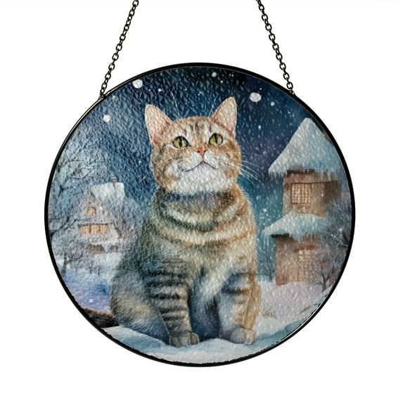 Hello Winter American Shorthair Welcome Snowy Night Watercolor Vintage Stained Glass Suncatcher Cat Lover Kitten Owner Gifts Window Hanging Sign Decor - 01011