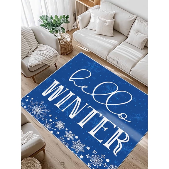 Hello Winter Area Rug for Bedroom 4x6 Ft Christmas Snowflake Blue Super Soft fuzzy Throw Rug Non-Slip Fluffy Plush Indoor Floor Carpet for Living Room Nursery Home Decor