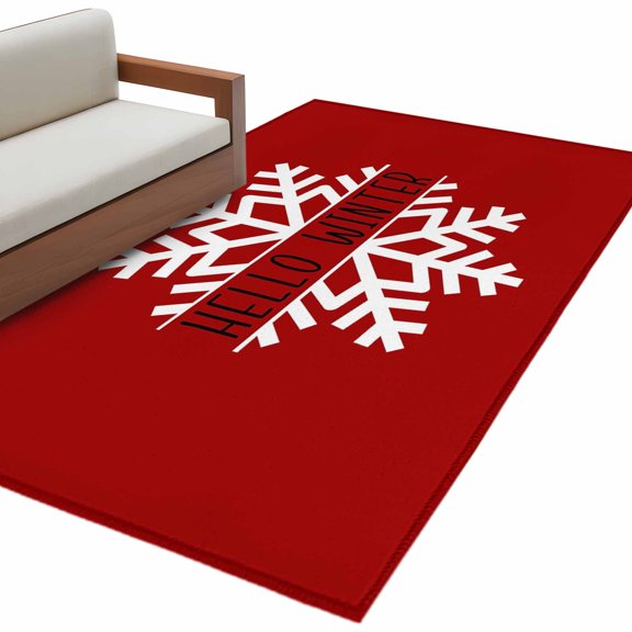Hello Winter Area&nbsp;Rug 4x6ft Snowflake Red Non-Slip&nbsp;Washable Square&nbsp;Rugs Soft Felt Indoor Floor Mat for Bedroom Kitchen Living Room Bathroom