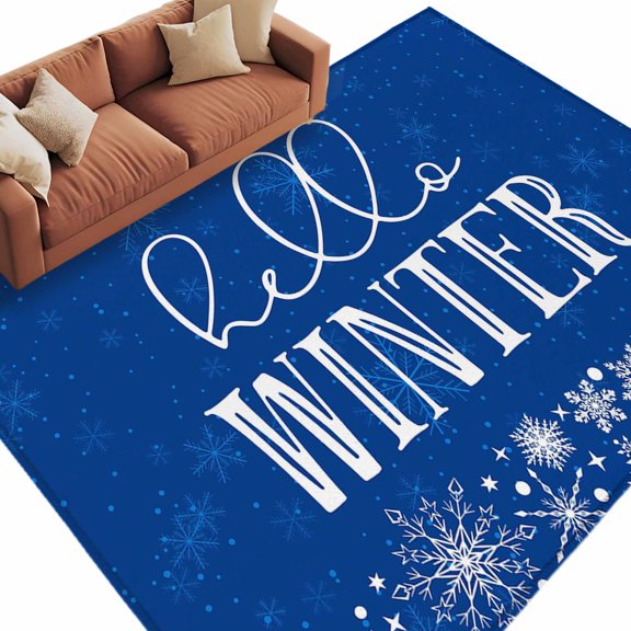 Hello Winter Area&nbsp;Rug 5x7ft Christmas Snowflake Blue Non-Slip&nbsp;Washable Square&nbsp;Rugs Soft Felt Indoor Floor Mat for Bedroom Kitchen Living Room Bathroom