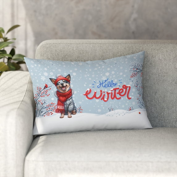 Hello Winter Australian Cattle Dog Smiling in Red Scarf Hat Welcome Christmas Pillowcase Double Sided Heeler Lover Gifts Pillow Case Covers - 00017