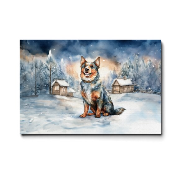 Hello Winter Australian Cattle Dog Welcome Snowy Night Watercolor Vintage Horizontal Matte Canvas Poster Heeler Lover Gifts Wall Art Home Decor - 01011