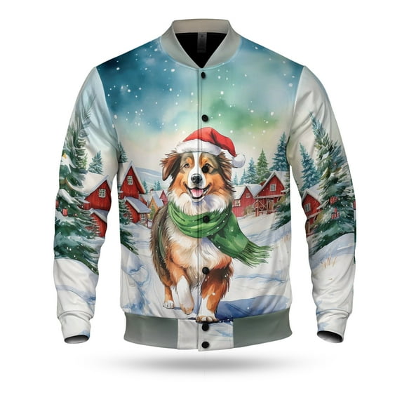 Hello Winter Australian Shepherd Frosty Morning Walk Welcome Snowy Christmas All Over Print 3D Baseball Jacket Aussie Dog Lover Gifts Bomber Jacket Softball - 02018