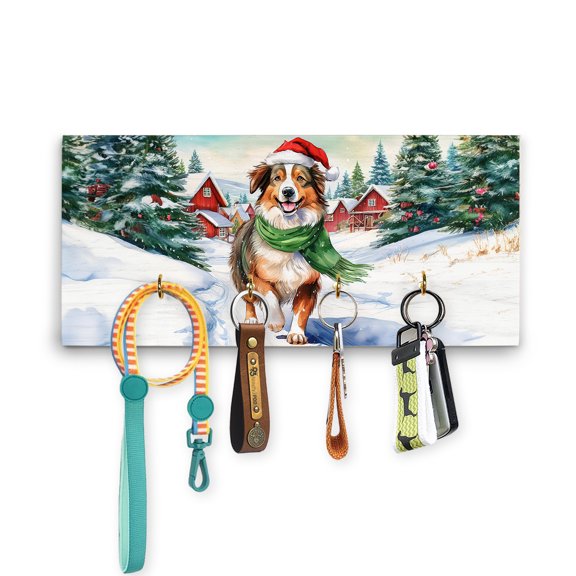 Hello Winter Australian Shepherd Frosty Morning Walk Welcome Snowy Christmas Wood Key Holder Aussie Dog Lover Gifts Wall-mounted Key Rack Home Decor - 02018