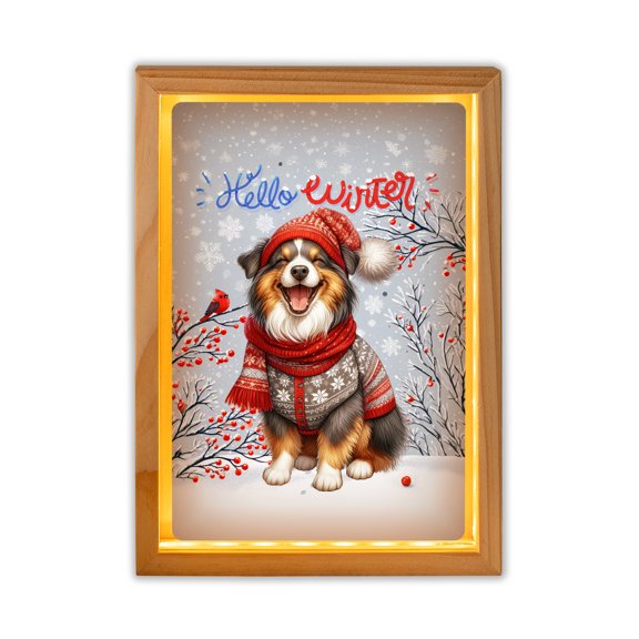 Hello Winter Australian Shepherd Smiling in Red Scarf Hat Welcome Christmas Acrylic Plaque with Wood Photo Frame Box Aussie Dog Lover Gifts Light Box - 00017