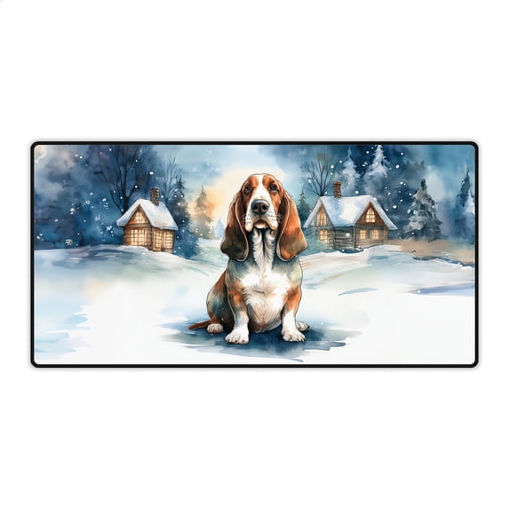 Hello Winter Basset Hound Welcome Snowy Night Watercolor Vintage Desk Mat Full Keyboard Mouse Pad Bassets Dog Breed Lovers Gifts Idea Large Mousepad - 01011