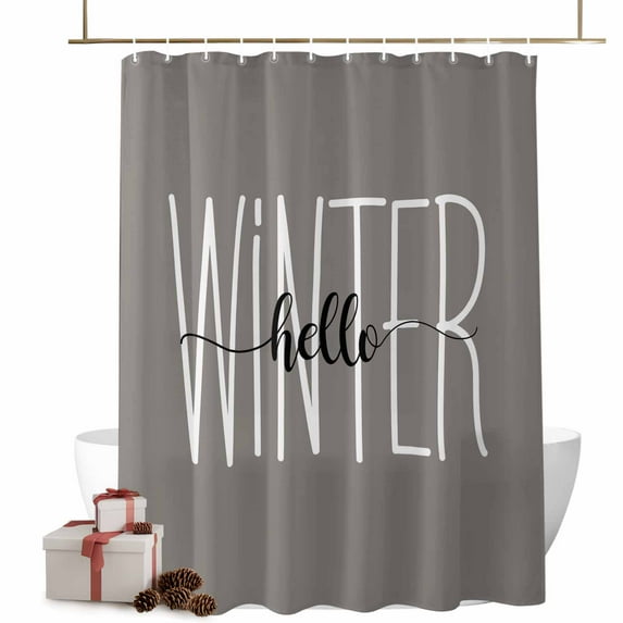 Hello Winter Bathroom Shower Curtain Grey White Letter Retro Art Simple Decor Waterproof Washable Shower Curtains for Bathtub Bath Decor with Grommets and Hook 72 X 72 Inch