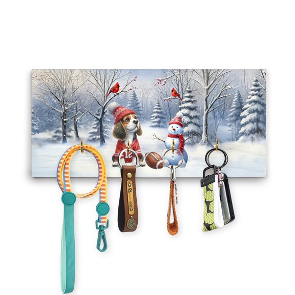 Hello Winter Beagle Football Snowman Welcome Snowy Morning Wood Key Holder Beagles Dog Lover Gifts Idea Wall-mounted Key Rack Home Decor - 01012