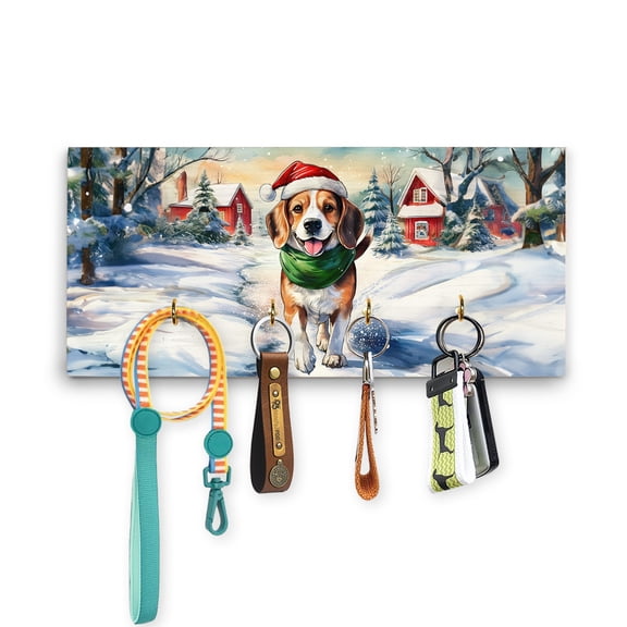 Hello Winter Beagle Frosty Morning Walk Welcome Snowy Christmas Wood Key Holder Beagles Dog Lover Gifts Idea Wall-mounted Key Rack Home Decor - 02018