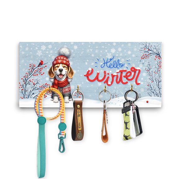 Hello Winter Beagle Smiling in Red Scarf Hat Welcome Christmas Wood Key Holder Beagles Dog Lover Gifts Idea Wall-mounted Key Rack Home Decor - 00017