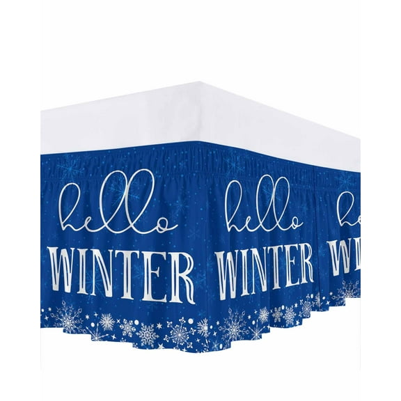 Hello Winter Bed Skirt Queen Size 18 Inch Drop, Christmas Snowflake Blue Wrap Around Dust Ruffle Bedskirts, Wrinkle & Fade Resistant Easy Fit Bedskirt with Adjustable Elastic