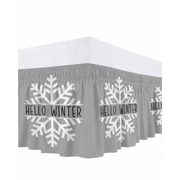 Hello Winter Bed Skirt Snowflake Grey Bed Skirts Queen Size 16 Inch Drop, Wrap Around Dust Ruffle&nbsp;Bedskirt with Adjustable Elastic Belt for Queen Size Beds