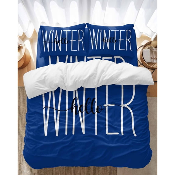 Hello Winter Bedding Duvet Cover Set Queen Size 4 Pieces Blue White Letter Retro Art Decor Bedding Set with Zipper Closure, 1 Comforter Cover 90x92 Inches 1 Flat Sheet & 2 Pillow Cases