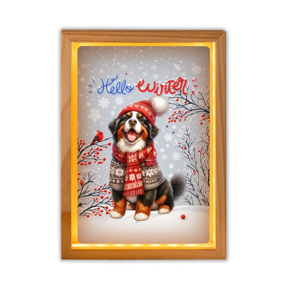 Hello Winter Bernese Mountain Dog Smiling in Red Scarf Hat Welcome Christmas Acrylic Plaque with Wood Photo Frame Box Berner Lover Gifts Light Box - 00017