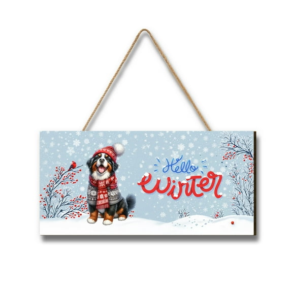 Hello Winter Bernese Mountain Dog Smiling in Red Scarf Hat Welcome Christmas Landscape Wood Sign Berner Lover Gifts Hanging Wall Home Decor - 00017