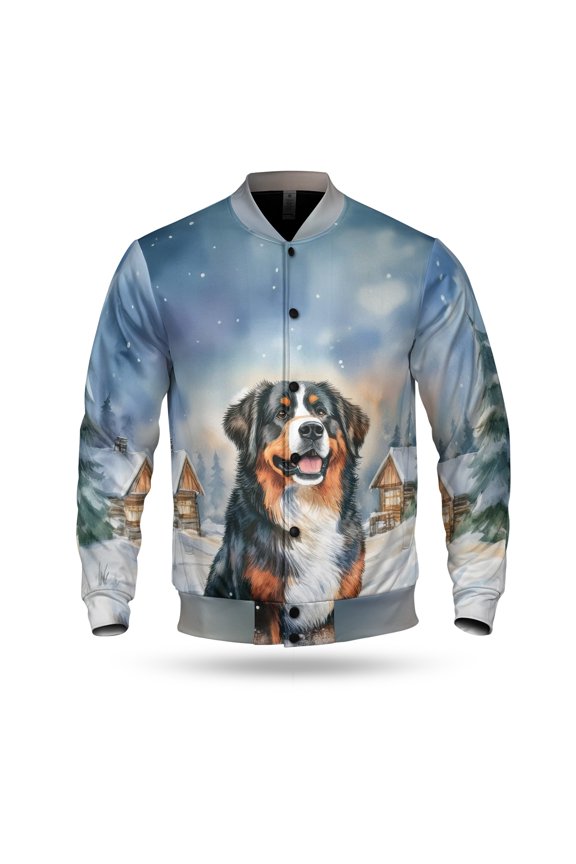 Hello Winter Bernese Mountain Dog Welcome Snowy Night Watercolor Vintage All Over Print 3D Baseball Jacket Berner Lover Gifts Bomber Jacket Softball - 01011