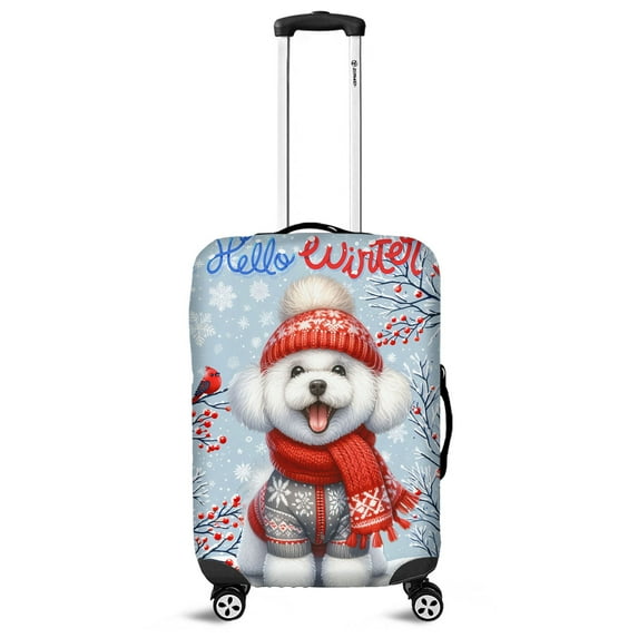Hello Winter Bichon Frise Smiling in Red Scarf Hat Welcome Christmas Travel Luggage Cover Bichons Dog Lovers Gifts Idea Suitcase Dust Protective Decor - 00017