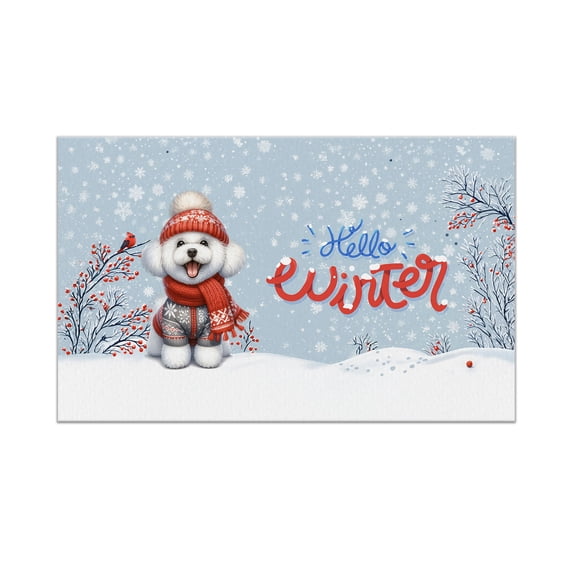 Hello Winter Bichon Frise Smiling in Red Scarf Hat Welcome Christmas Doormat Bichons Dog Lovers Gifts Idea Indoor Outdoor Welcome Mat - 00017