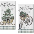 thumbnail image 1 of Hello Winter Bike Sleigh Kitchen Dish Towels Set of 2, Get Cozy Bicycle Christmas Tree Berry Hand Towels Drying Baking Cooking Cloth, Plaid Bow Holiday Farmhouse Home Kitchen Decor 18x26 Inch, 1 of 6