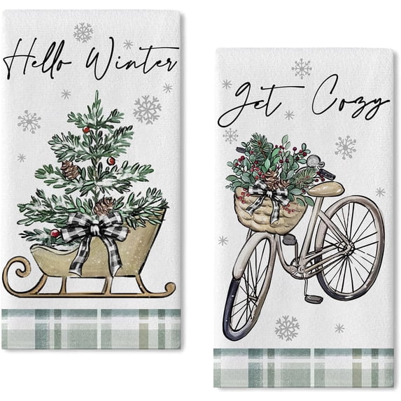 Hello Winter Bike Sleigh Kitchen Dish Towels Set of 2, Get Cozy Bicycle Christmas Tree Berry Hand Towels Drying Baking Cooking Cloth, Plaid Bow Holiday Farmhouse Home Kitchen Decor 18x26 Inch
