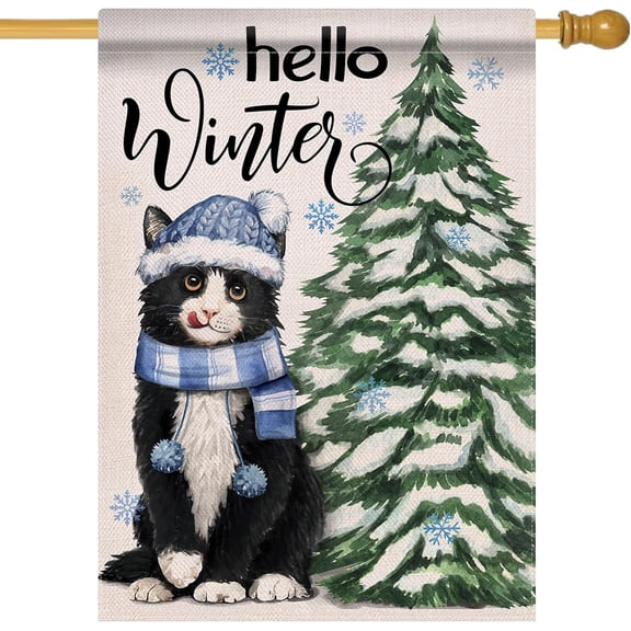 Hello Winter Black Cat Large Decorative House Flag, Kitty Garden Yard Outside Decorations, Farmhouse Burlap Outdoor Decor Double Sided 28 x 40